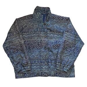 Vintage Stunt Sports Jacket Womens Medium Blue Silk Bomber Aztec/ Tribal Print